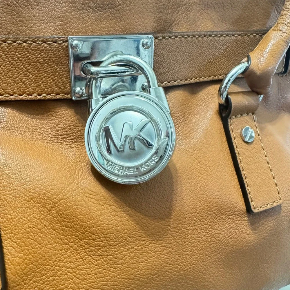 Michael Kors‎ Hamilton Satchel Womens OS Tan Luggage Pebbled Leather Silver - Picture 8 of 14